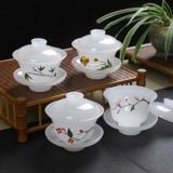  Chén Khải Pha Trà Lưu Ly Trắng Đắp Nổi Hoa BKCECN-10623 