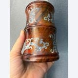  Ống Cắm Bút Đá Giả Cổ Khảm Bạc Họa Tiết Lá Trúc Chữ Thọ BKHFCN-9043 