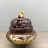  Lư xông trầm đồng giả cổ chạm Thao Thiết mạ vàng BKMECN-10091 