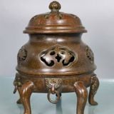  Lư Xông Trầm Đồng Đỏ Giả Cổ Dáng Chân Quỳ Họa Tiết Cổ BKMECN-10365 