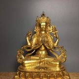  Tượng Phật Quán Thế Âm Tứ Thủ Bằng Đồng Mạ Vàng BKMECN-10377 