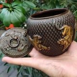 Hũ Đồng Tròn Có Nắp Chạm Họa Tiết Đan Mây Và Phù Điêu Song Hổ Dát Vàng BKMECN-10394 