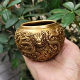  Hũ Trà Bằng Đồng Vàng Chạm Nổi Họa Tiết Lưỡng Long Chầu Nguyệt Sưu Tầm BKMECN-10396 
