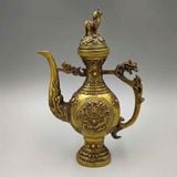  Ấm Đồng Vàng Cổ Dáng Dài Núm Linh Thú Chạm Nổi Long Phụng Cát Tường BKMECN-10415 