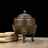  Lư Đốt Trầm Bằng Đồng Hun Giả Cổ Dáng Chân Quỳ Mặt Nghê BKMECN-10422 