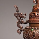  Lư Đốt Trầm Bằng Đồng Đỏ Hun Cổ Dáng Chân Quỳ Núm Kỳ Lân Cạm Ngọc BKMECN-10428 