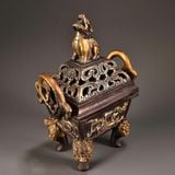  Lư Đốt Trầm Bằng Đồng Hun Cổ Dáng Vuông Đỉnh Nghê Điểm Vàng BKMECN-10429 