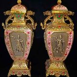  Cặp Bình Đồng Cổ Khảm Men Hồng Phù Điêu Võ Tướng BKMECN-9680 