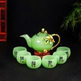  Bộ Ấm Chén Ngọc Xanh Cánh Sen Khảm Hoa Mẫu Đơn BKSTCN-9619 