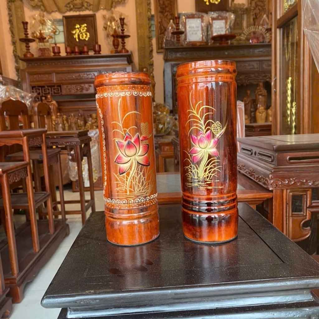  Cặp ống đựng hương nhang bằng gỗ hoạ tiết hoa sen BKWOCN-9288 