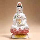  Tượng phật quan âm ngồi đài sen bằng gốm sứ men ngọc màu trắng cao cấp  Kt 35 cm 