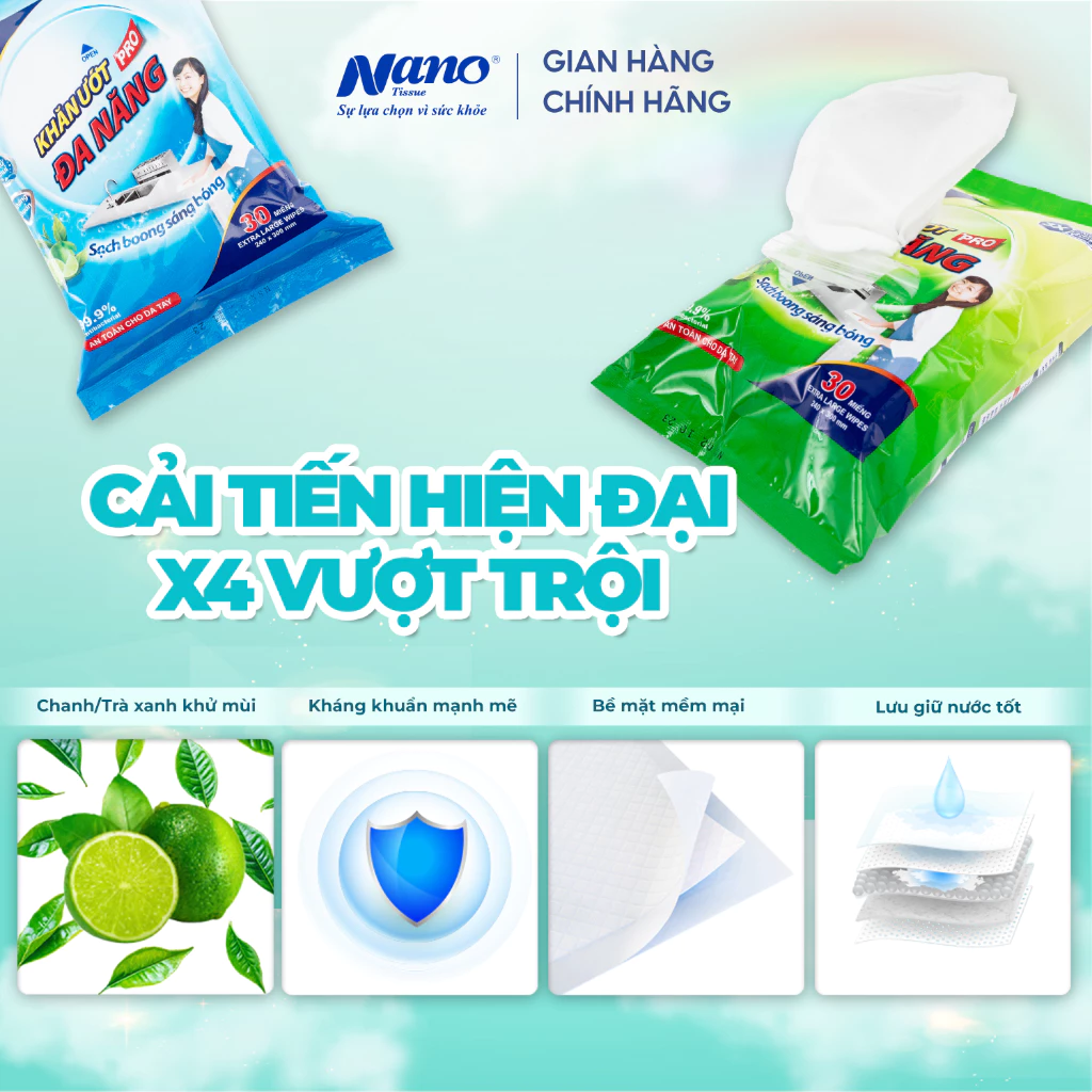  Khăn ướt lau bếp đa năng Nano gói 30 tờ, an toàn da tay, hương chanh, trà xanh - Nano Tissue 