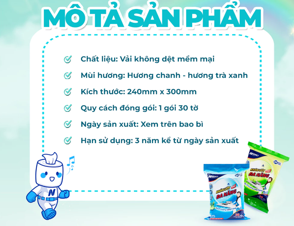  Khăn ướt lau bếp đa năng Nano gói 30 tờ, an toàn da tay, hương chanh, trà xanh - Nano Tissue 