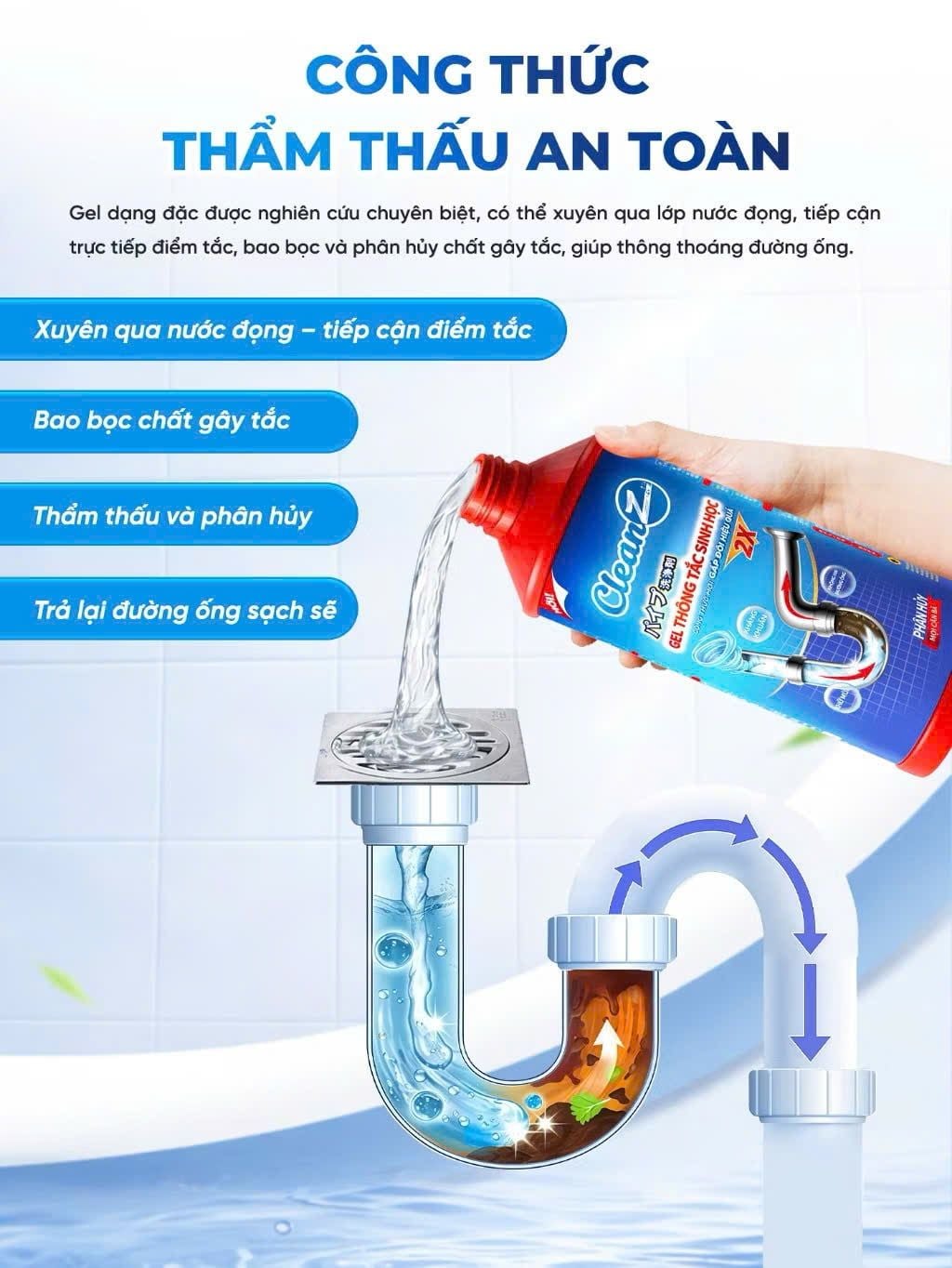  Gel sinh học CleanZ phòng tắc nghẽn, làm sạch đường ống rửa bát, rửa mặt, khử mùi hôi hiệu quả 500-1000ml 