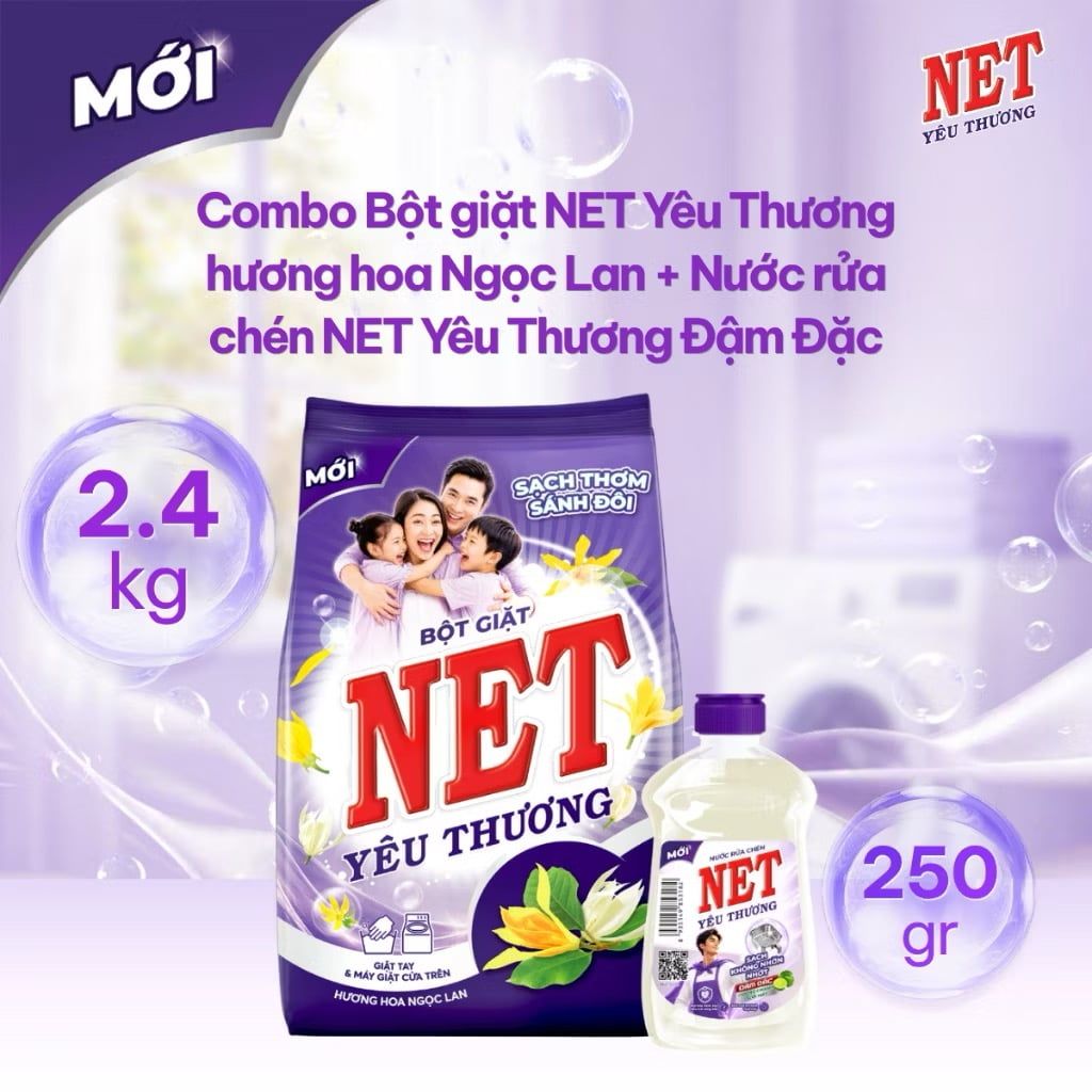 Combo bột giặt NET yêu thương hương hoa Ngọc Lan 2.4kg + nước rửa chén NET yêu thương đậm đặc hương Chanh tươi mát 250g 