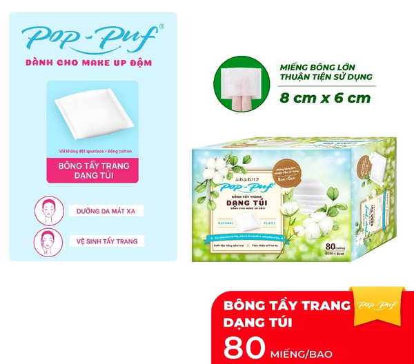  Bông Tẩy Trang Dạng Túi Xỏ Ngón POP-PUF 6x8cm Không Để Lại Xơ Bông, Mềm Mịn 80 Miếng/Hộp 