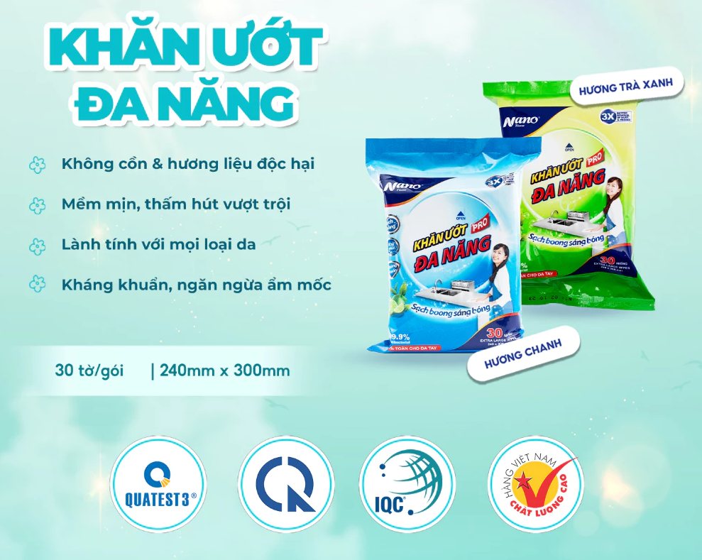  Khăn ướt lau bếp đa năng Nano gói 30 tờ, an toàn da tay, hương chanh, trà xanh - Nano Tissue 
