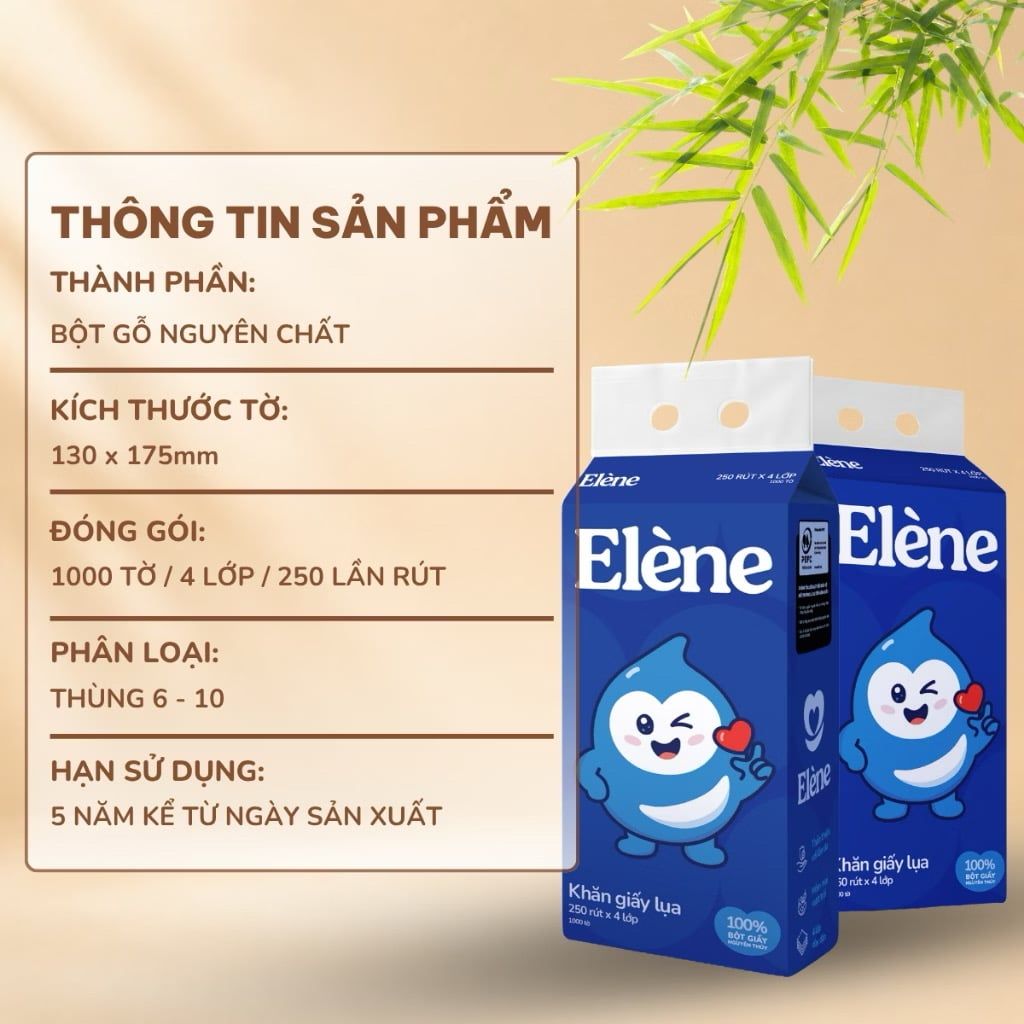 Khăn Giấy Lụa Rút Đáy Elene 250 Lần Rút 4 Lớp Mềm Mịn, Tiện Lợi, An Toàn (Giấy rút cỡ nhỏ) 
