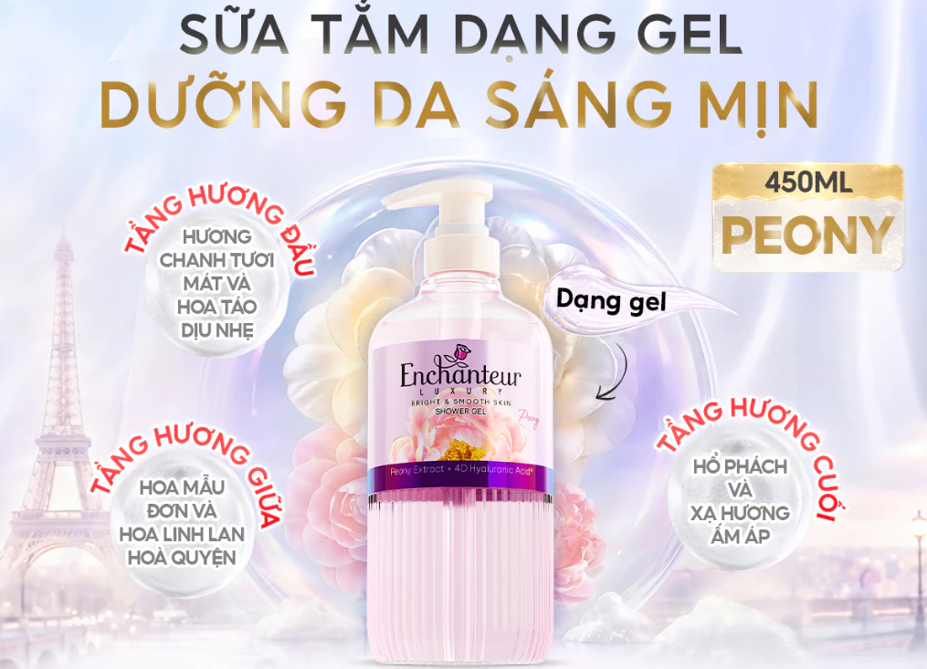  Gel/Bọt Tắm Cao Cấp Enchanteur Luxury Dưỡng Da Sáng Mịn Chứa Chiết Xuất Hoa Trà/ Hoa Mẫu Đơn + 4D Hyaluronic Acid 400-450ml 