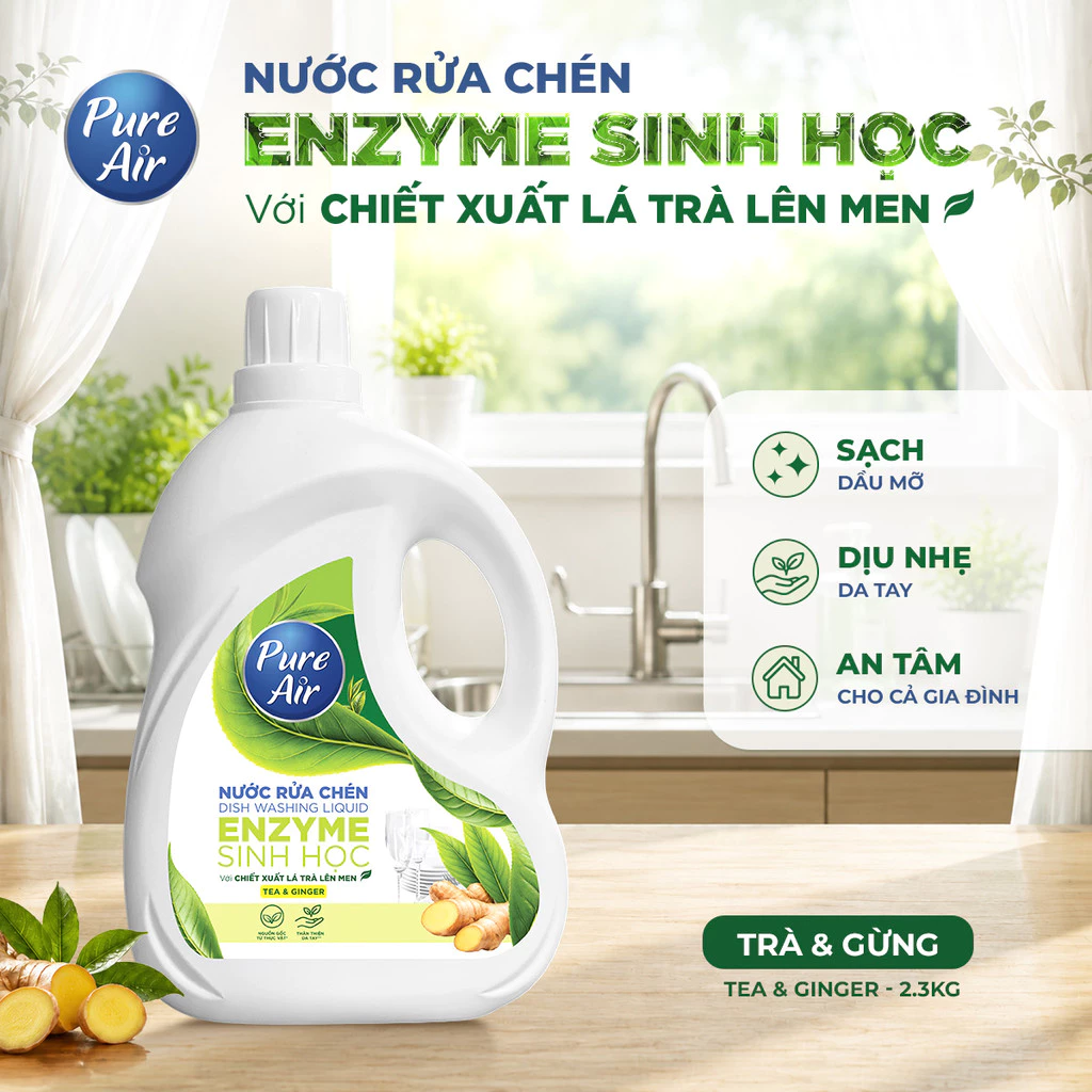  Nước Rửa Chén Enzyme Sinh Học Pure Air Chiết Xuất Lá Trà Lên Men 750g-2.3kg - Hỗ Trợ Làm Sạch Dầu Mỡ Khử Mùi Tanh Dịu Nhẹ Da Tay 