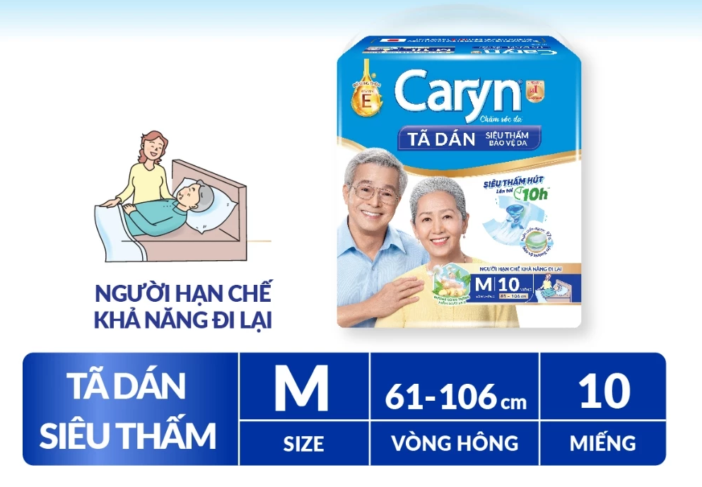  Tã/Bỉm dán người lớn siêu thấm Caryn dành cho người hạn chế khả năng đi lại Size M (10/20/40pcs) 