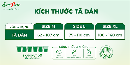  Tã dán người lớn SunMate M18/L18/XL18 + 2 miếng 