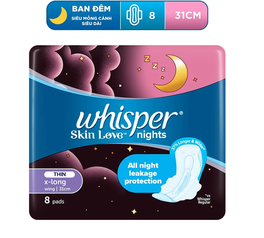  Băng Vệ Sinh WHISPER Skin Love 31CM Dành Cho Ban Đêm Gói 6-8 Miếng 