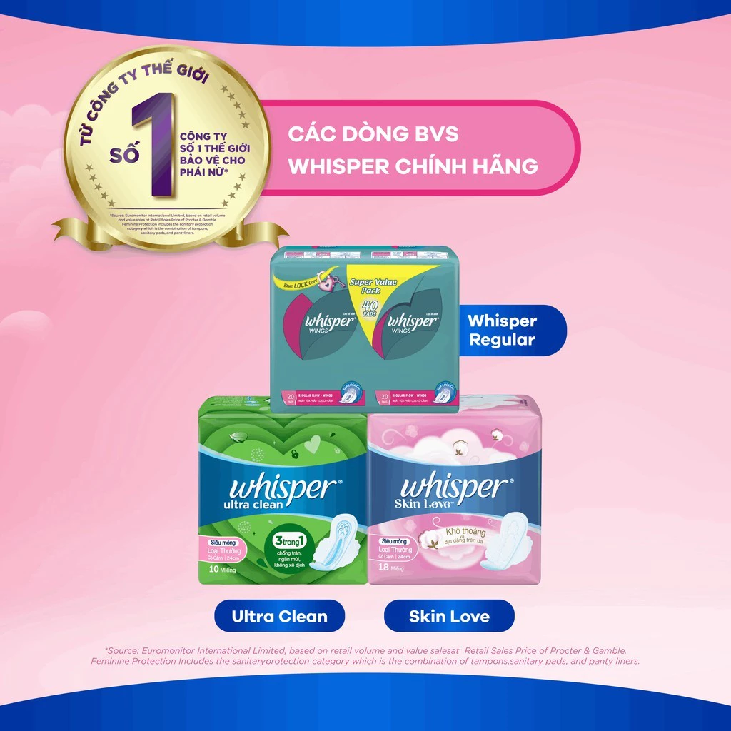  Băng Vệ Sinh WHISPER Skin Love 31CM Dành Cho Ban Đêm Gói 6-8 Miếng 
