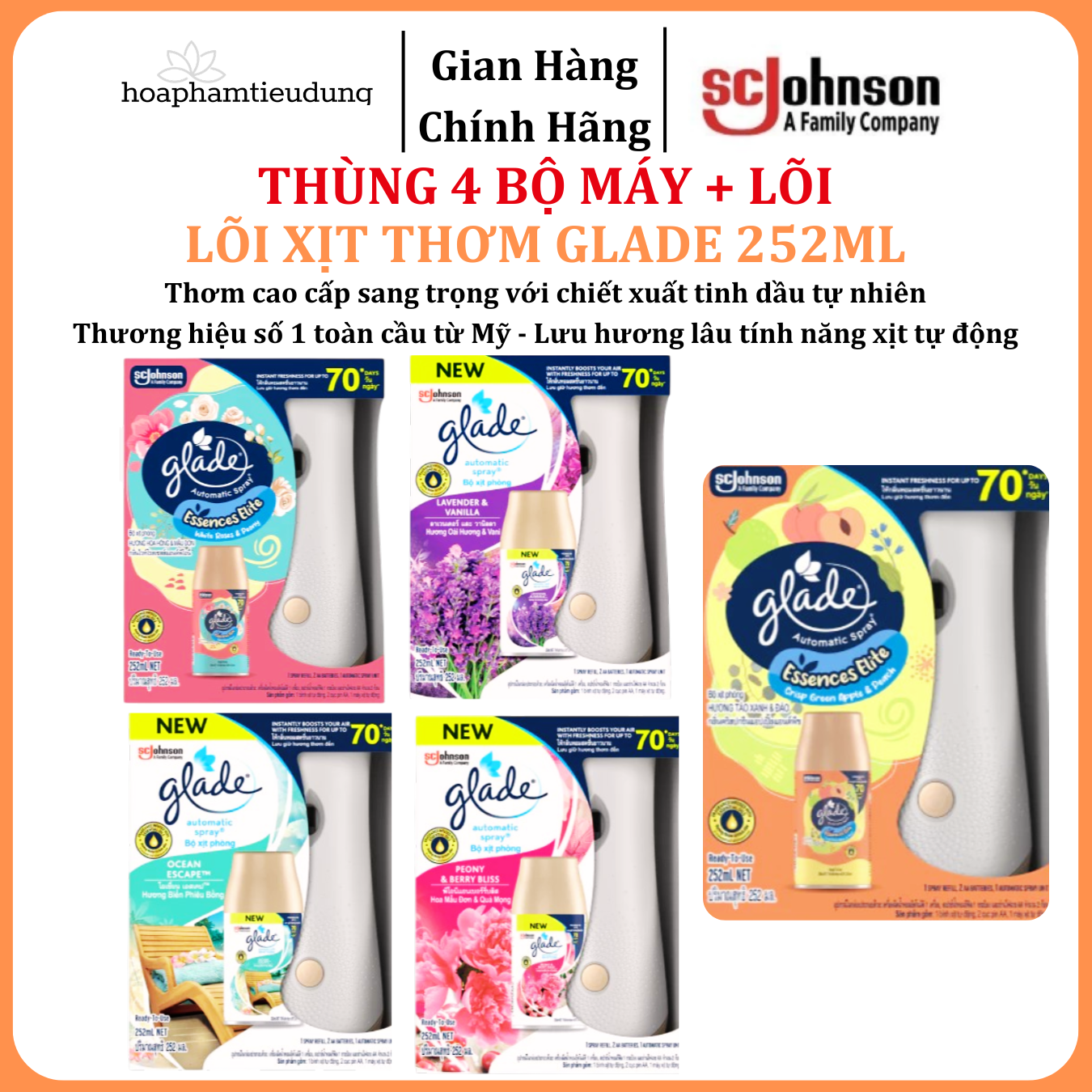  Bộ Máy & Lõi Xịt Thơm Phòng Tự Động GLADE Lưu Hương Tự Nhiên Đến 70 ngày 252ml 