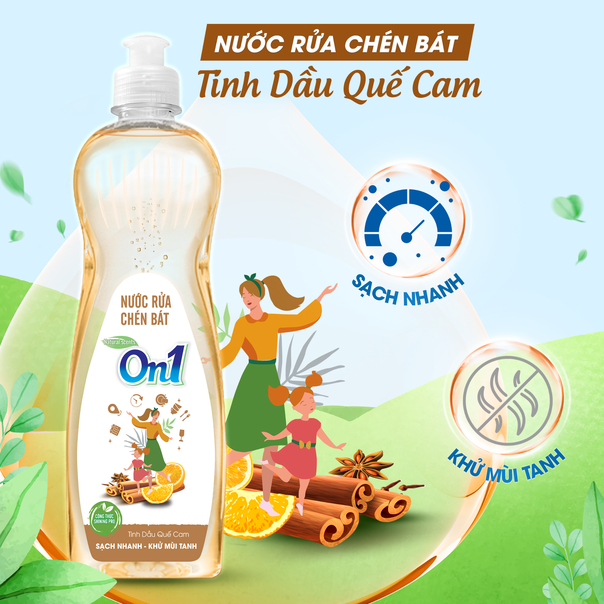  Nước Rửa Chén Bát On1 Thiên Nhiên Tinh Dầu Quế Cam 400-750g/ 1.4-3.2-3.5kg 