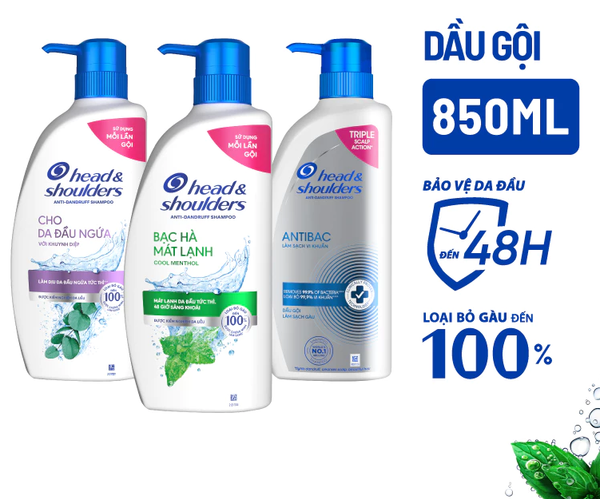  Dầu Gội Sạch Gàu HEAD & SHOULDERS Bạc Hà/ Giảm Ngứa Da Đầu/ Hương Chanh/ Sạch Sâu/ Làm Sạch Vi Khuẩn Chai 850ml 