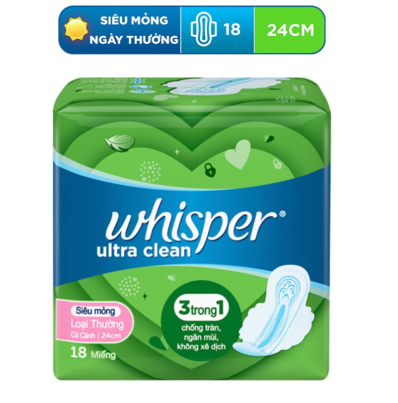  Băng Vệ Sinh WHISPER Ultra CLean Mặt Lưới Cho Ngày Thường 24cm - Gói 10-18 Miếng 