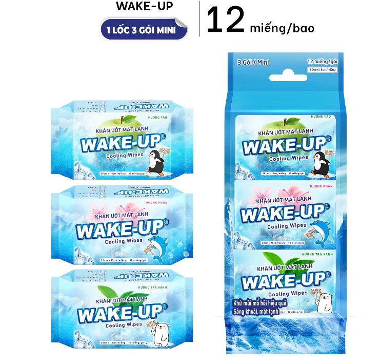  Khăn ướt mini tiện lợi WAKE-UP 12 miếng/gói 3 gói/lốc - mát lạnh khử mùi dễ mang theo khi đi du lịch, thể thao 