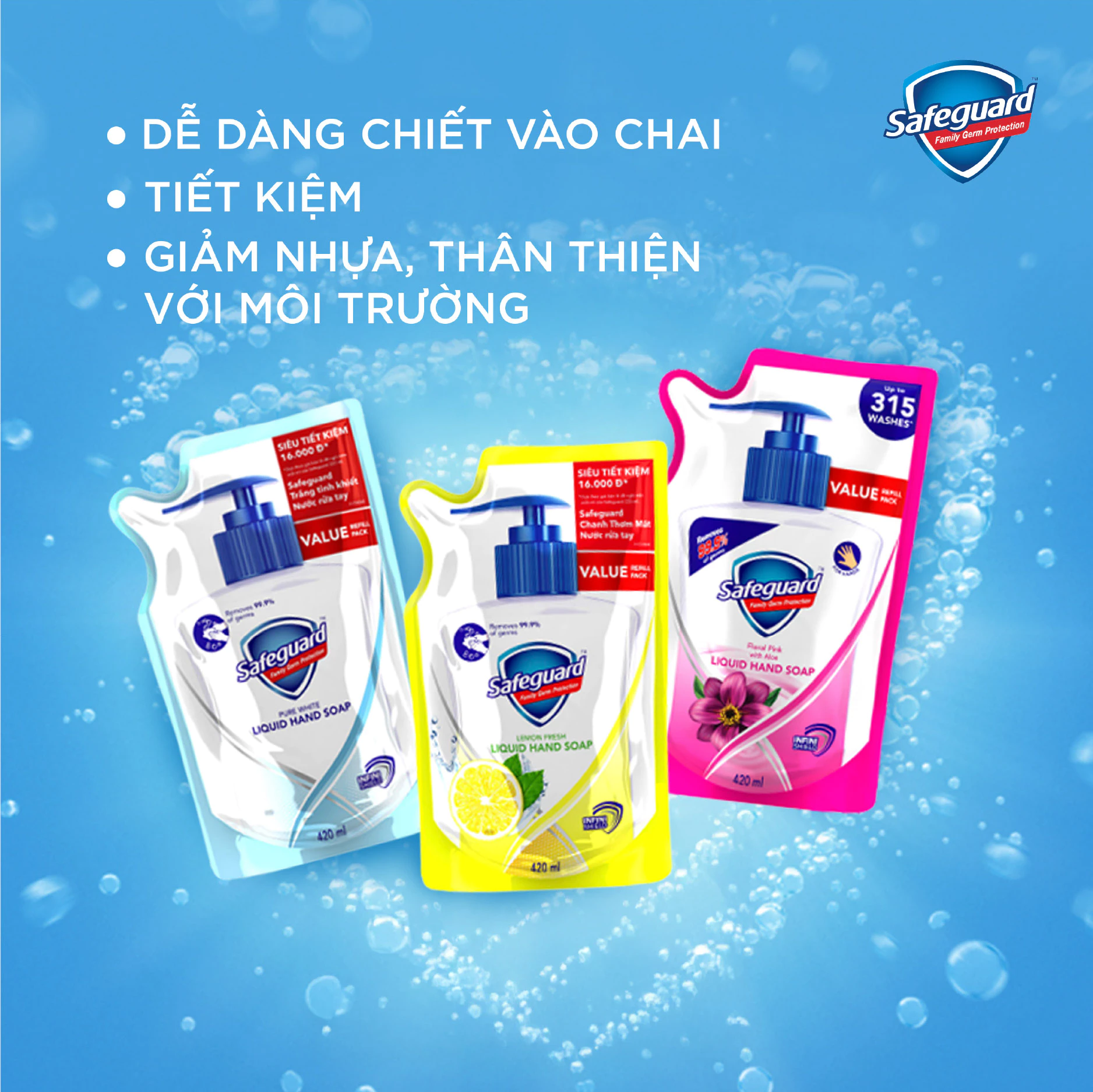  Nước Rửa Tay SAFEGUARD Sạch 99,9% Vi Khuẩn & Dịu Nhẹ Cho Da - Túi 420ML -Thái Lan 