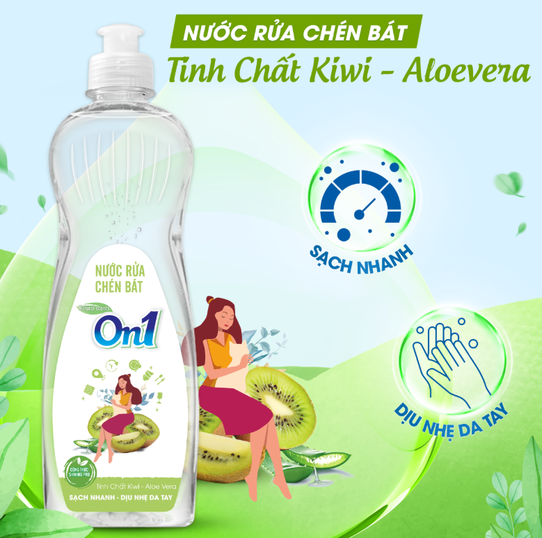  Nước Rửa Chén Bát On1 Thiên Nhiên Tinh Chất Kiwi - Aloe Vera 400-750g/ 1.4-3.2-3.5kg 