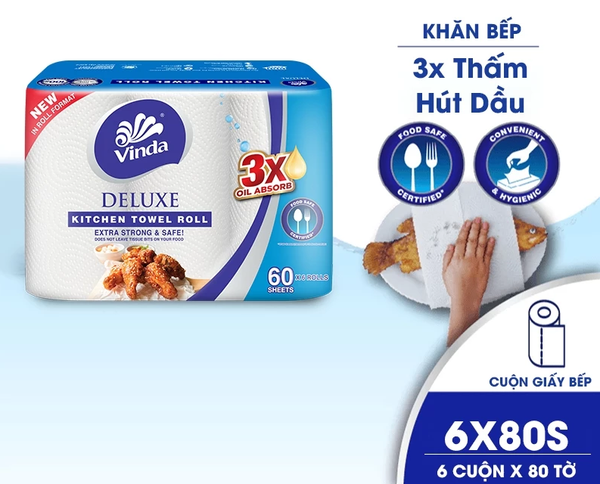  [LỐC 6 CUỘN] Khăn giấy bếp đa năng siêu thấm Vinda Deluxe (6 Cuộn) 