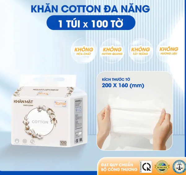  Khăn Cotton Đa Năng TOMIE Cao Cấp Rút Đáy Cotton 200x160mm 100 Tờ 