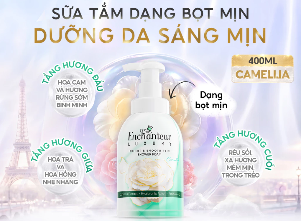  Gel/Bọt Tắm Cao Cấp Enchanteur Luxury Dưỡng Da Sáng Mịn Chứa Chiết Xuất Hoa Trà/ Hoa Mẫu Đơn + 4D Hyaluronic Acid 400-450ml 