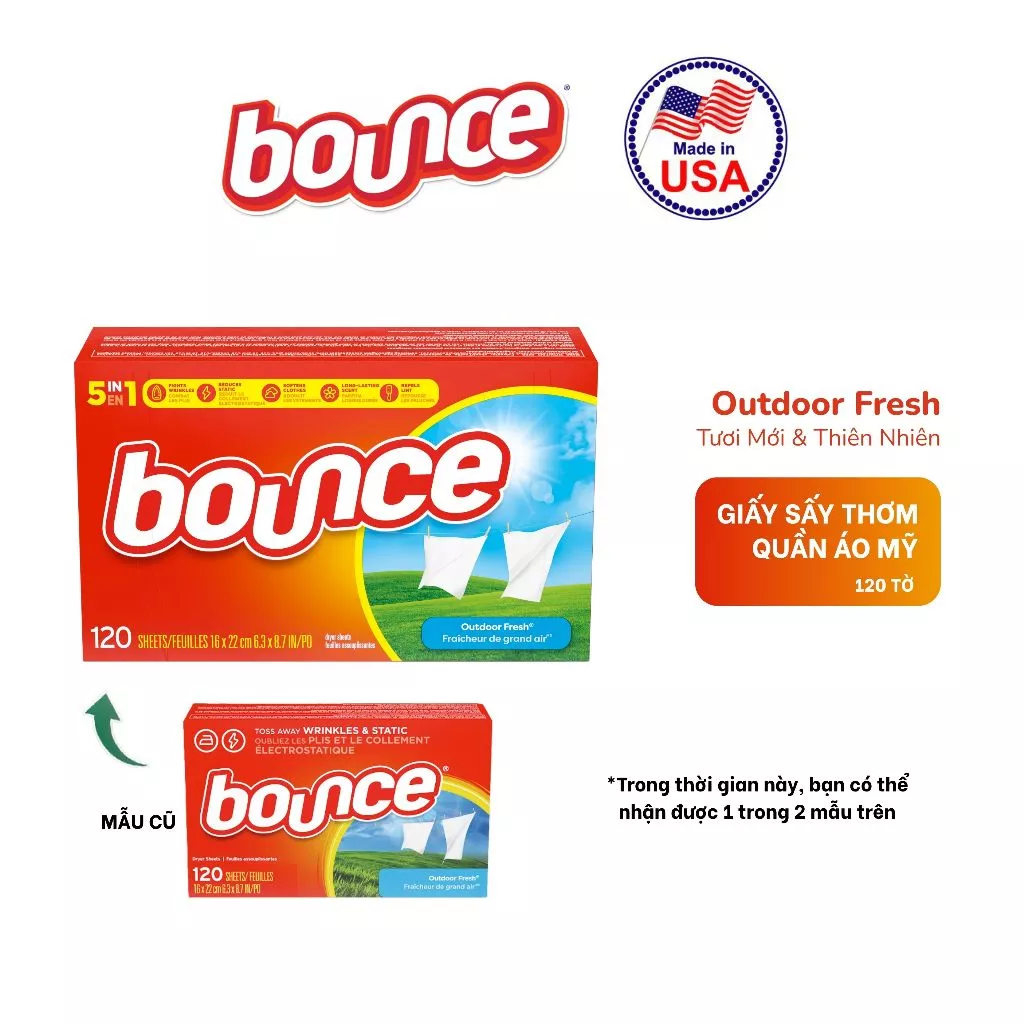  (Hàng nhập khẩu USA) Giấy Sấy Thơm BOUNCE Sheets Outdoor Fresh Hộp 120 Tờ 