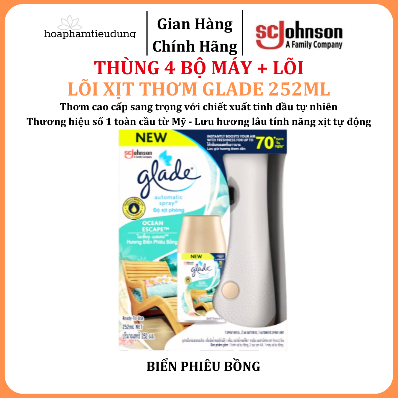  Bộ Máy & Lõi Xịt Thơm Phòng Tự Động GLADE Lưu Hương Tự Nhiên Đến 70 ngày 252ml 