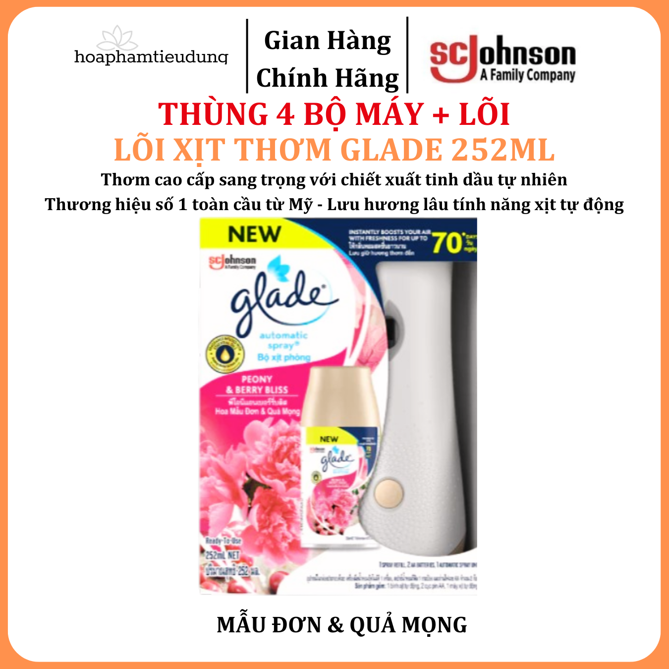  Bộ Máy & Lõi Xịt Thơm Phòng Tự Động GLADE Lưu Hương Tự Nhiên Đến 70 ngày 252ml 
