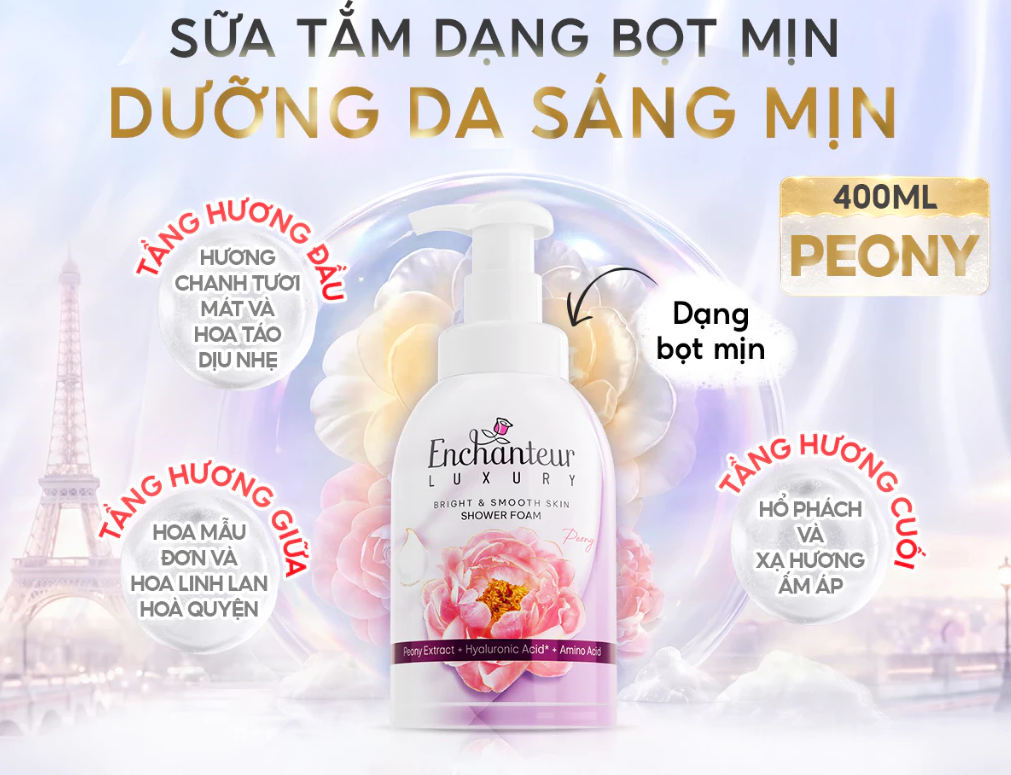  Gel/Bọt Tắm Cao Cấp Enchanteur Luxury Dưỡng Da Sáng Mịn Chứa Chiết Xuất Hoa Trà/ Hoa Mẫu Đơn + 4D Hyaluronic Acid 400-450ml 