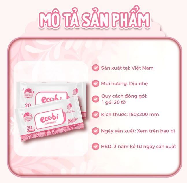  Khăn ướt cao cấp Ecobi gói 20 tờ hương dịu nhẹ 