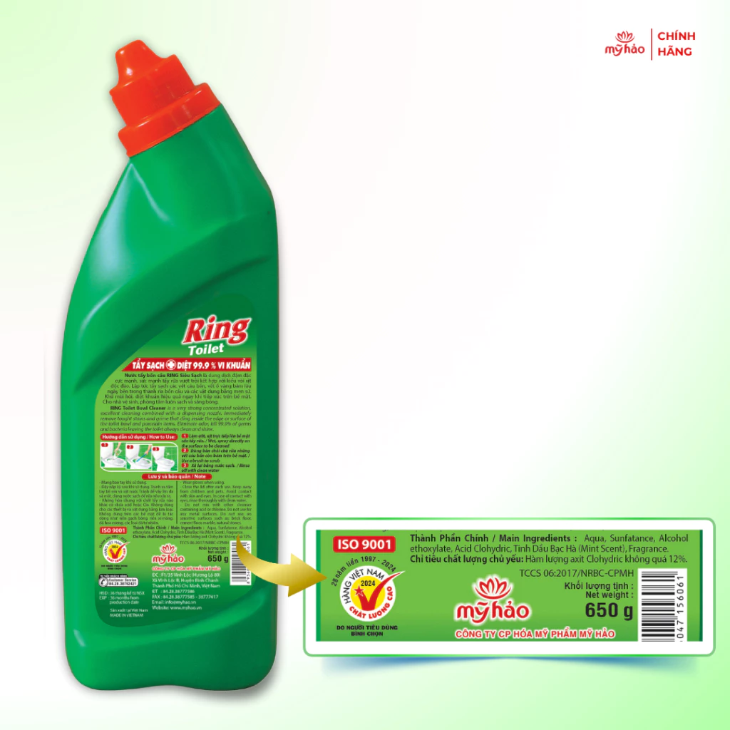  Nước Tẩy Rửa Bồn Cầu Và Nhà Vệ Sinh Ring Sạch Nhanh 99,9% Vết Bẩn Cứng Đầu Chai 650g 