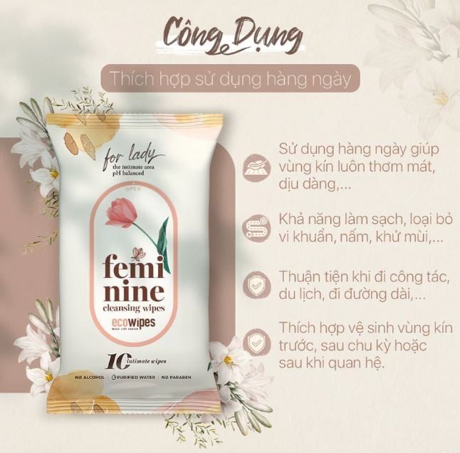  Khăn ướt phụ khoa vệ sinh vùng kín phụ nữ EcoWipes gói 10 tờ hương tự nhiên 