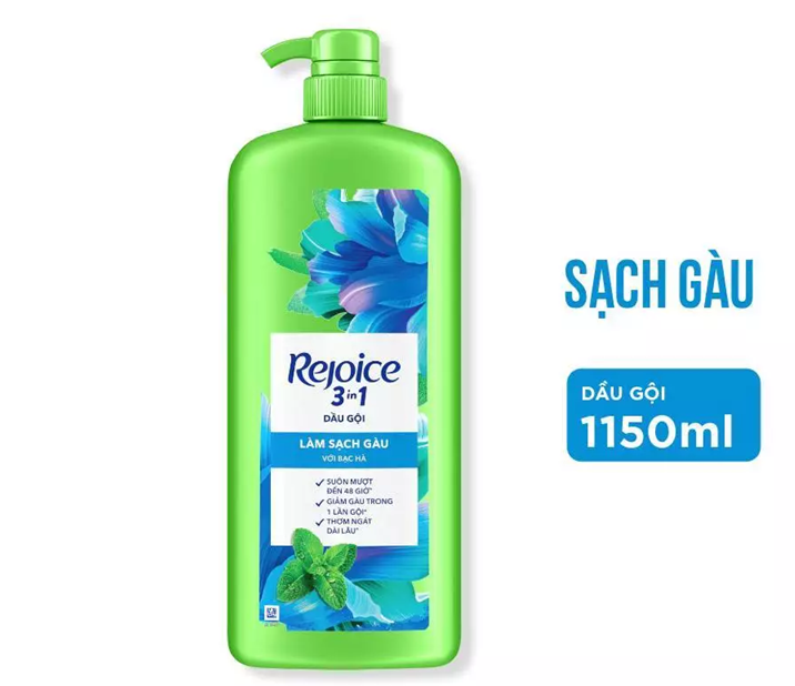  Dầu Gội REJOICE 3 Trong 1 Với Chiết Xuất Từ Tinh Dầu Argan Siêu Mượt/ Bạc Hà Sạch Gàu/ Hoa Hồng Jeju Chai 1150 ml 