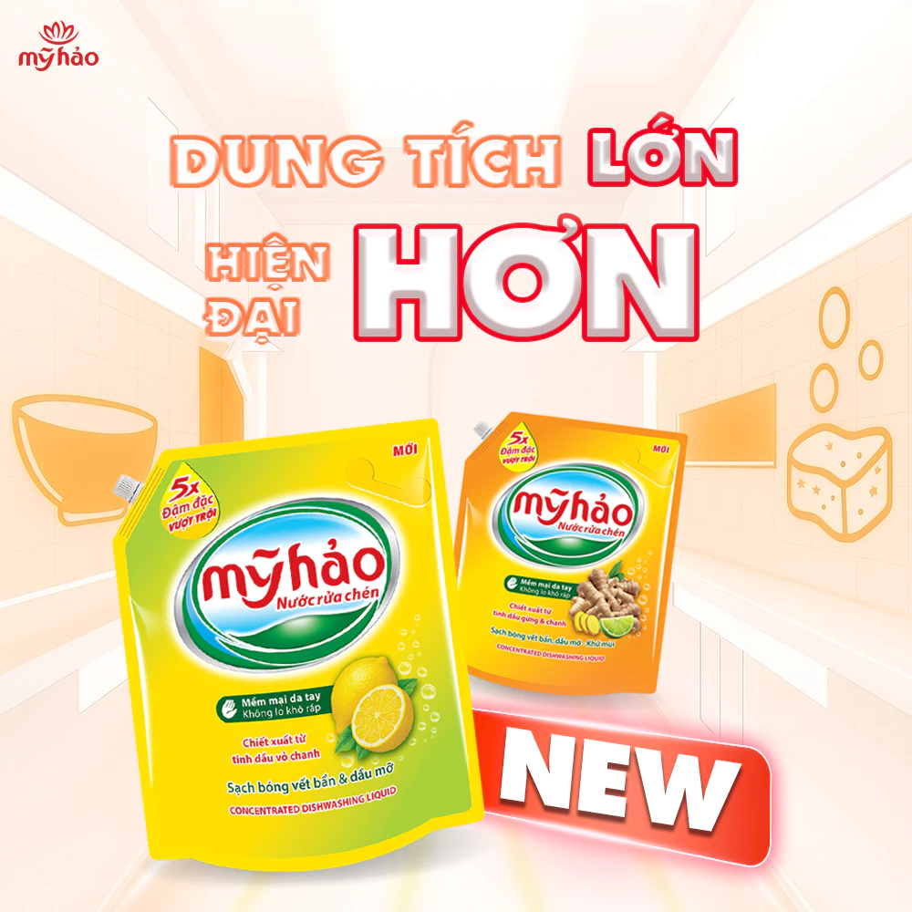  Nước Rửa Chén An Toàn Cho Da Và 5X Đậm Đặc Mỹ Hảo Khử Sạch Mùi Tanh Thực Phẩm Túi 3.3 KG 
