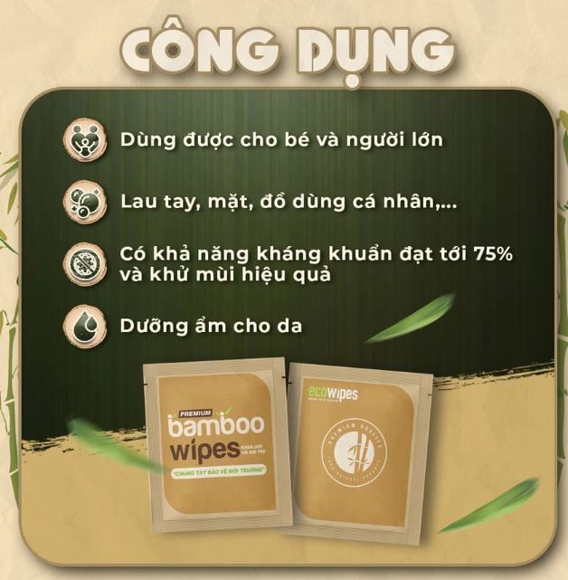  Túi 50 gói khăn ướt vải sợi tre kháng khuẩn EcoBamboo gói 1 tờ không mùi 