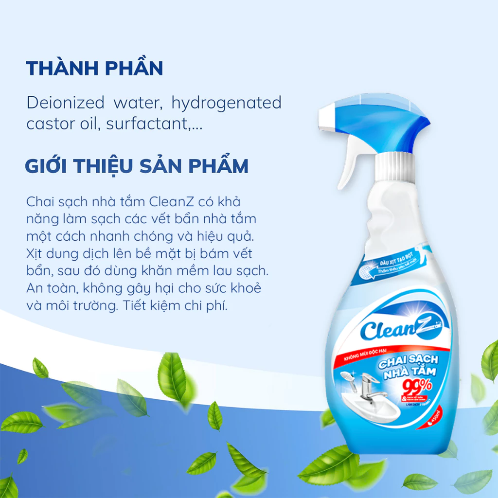  Xịt Sạch Nhà Tắm Đa Năng CLEANZ Vệ Sinh Nhà Tắm Chống Ăn Mòn Inox Vệ Sinh Vòi Rửa, Vòi Sen, Vách Kính Làm Sạch 700ml 