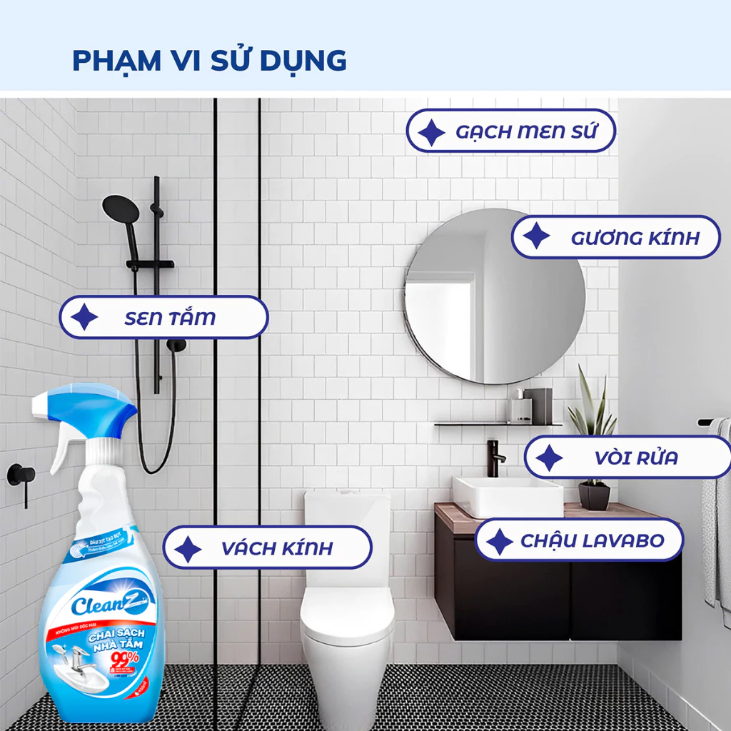  Xịt Sạch Nhà Tắm Đa Năng CLEANZ Vệ Sinh Nhà Tắm Chống Ăn Mòn Inox Vệ Sinh Vòi Rửa, Vòi Sen, Vách Kính Làm Sạch 700ml 